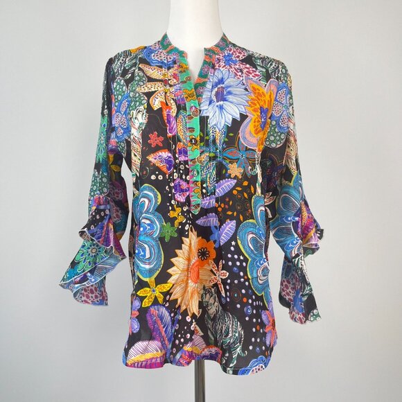 NWOT Johnny Was Zellah Silk Floral Ruffles Pleated V-neck Blouse Size S - Picture 2 of 15